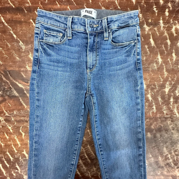 PAIGE Jacqueline Straight Jeans Blue 25 High Rise Raw Hem Stretch Denim USA - Picture 2 of 11